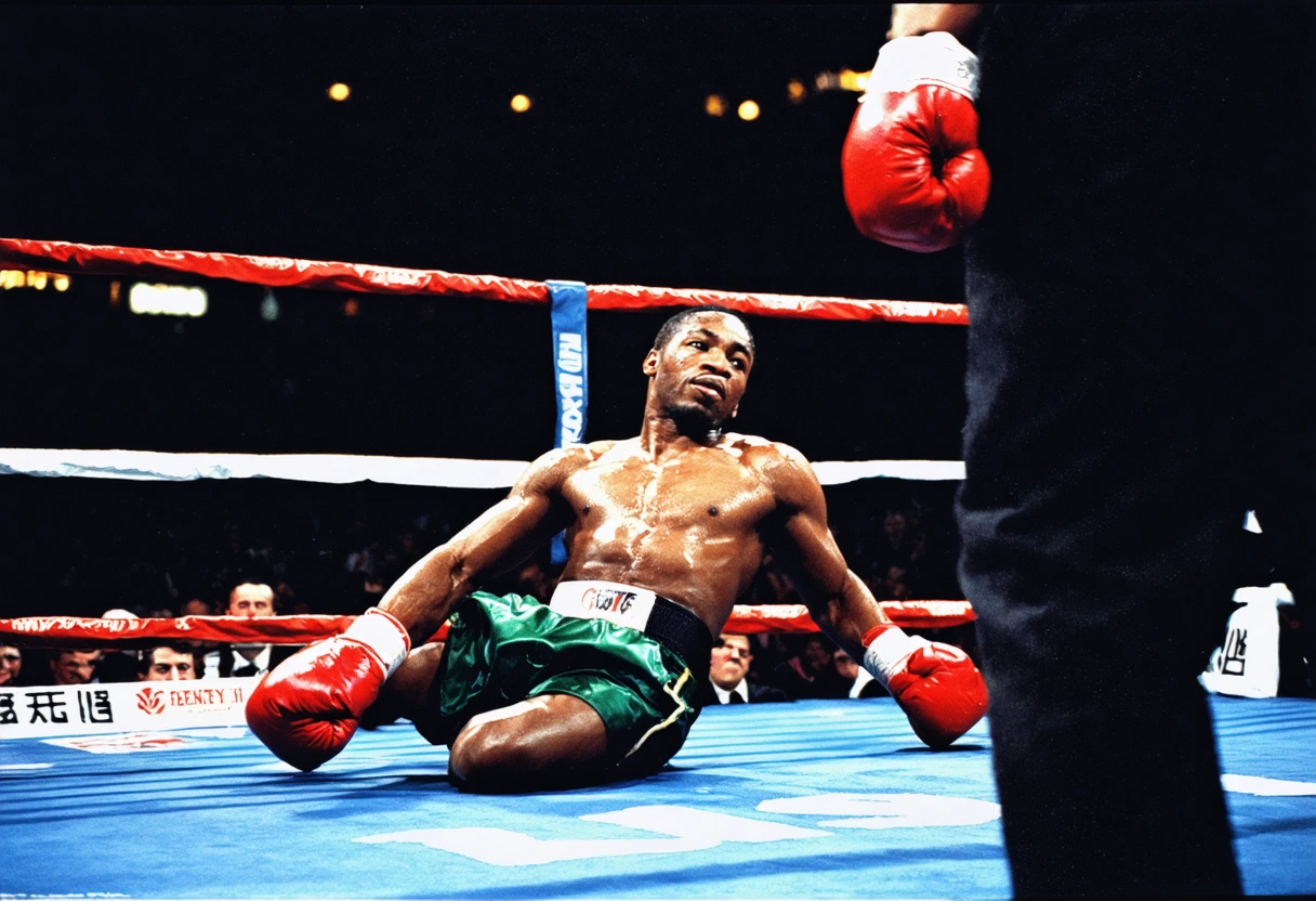 Boxer recovering from a knockdown, determined expression, getting up, crowd cheering, dramatic lighting, close-up shot,