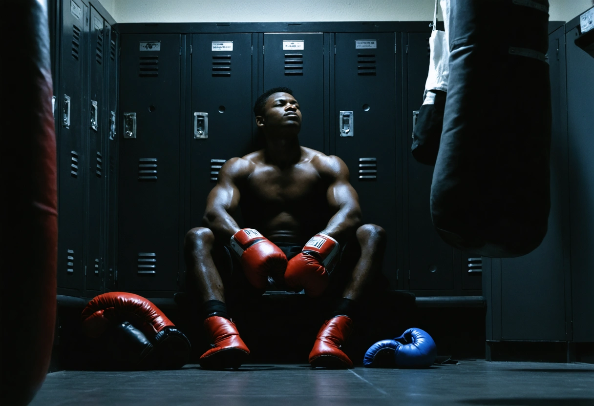 Boxer sitting in a quiet locker room, eyes closed, visualizing a match, serene expression, dim
