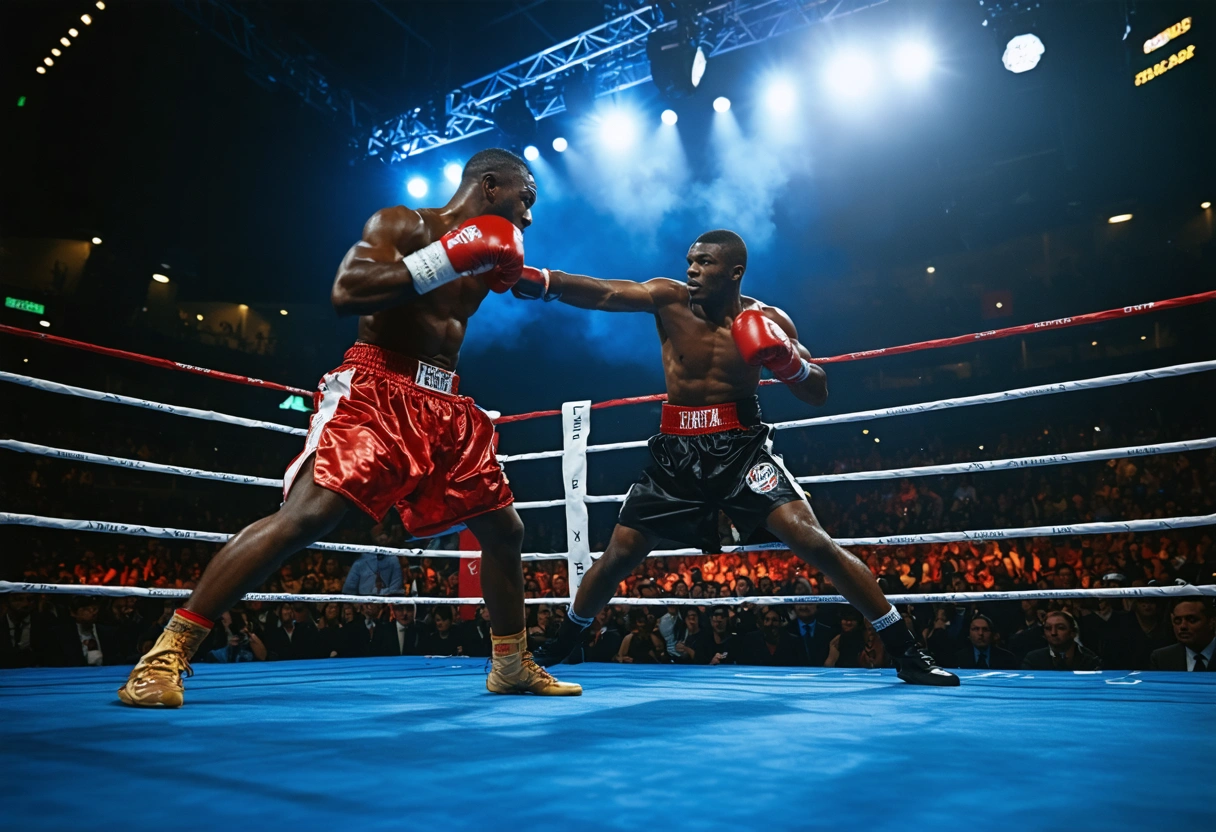 Boxing match in Las Vegas arena, one boxer using jab, other dodging, vibrant crowd, bright