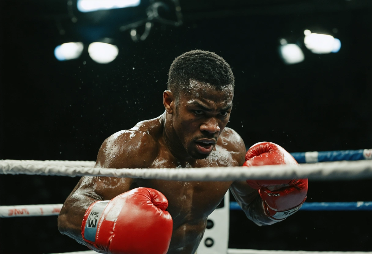 Close-up of a boxer executing a jab in a boxing ring, lead arm extended, fist