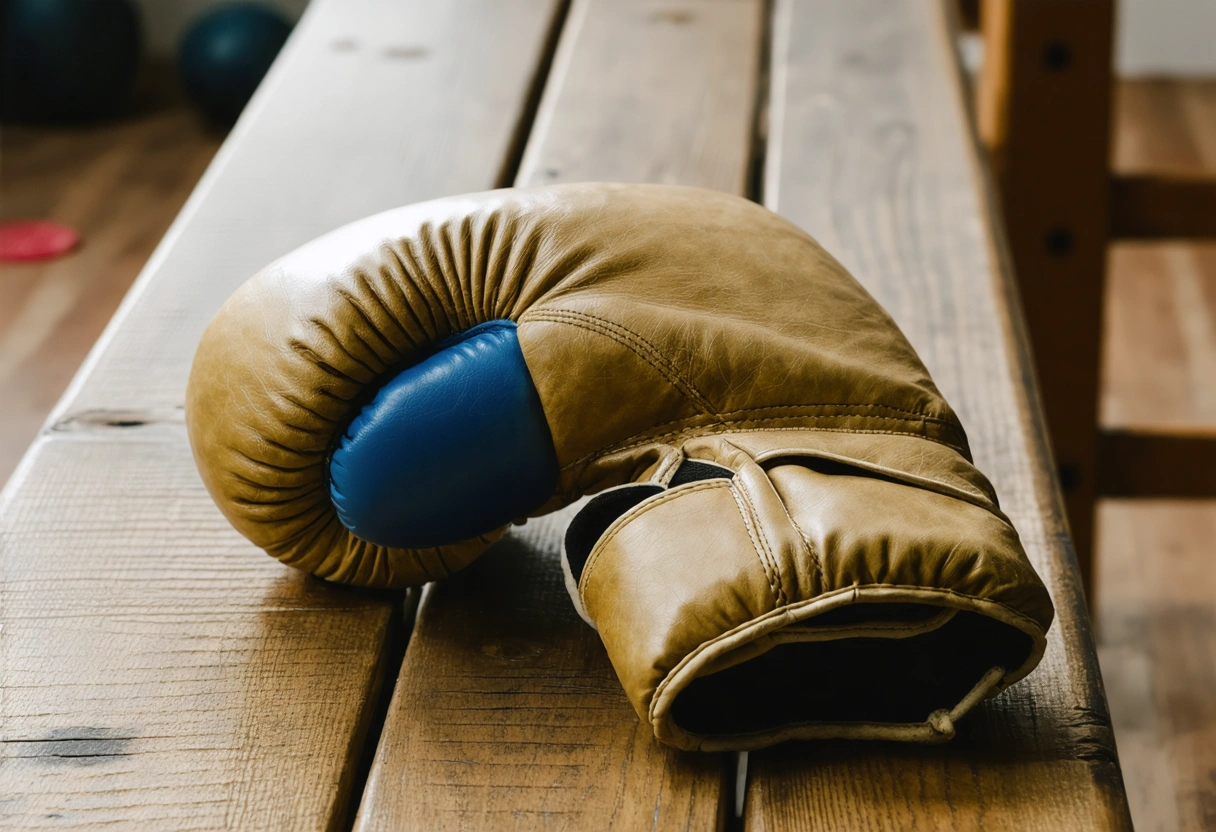 High-grade leather boxing gloves on a wooden bench in a gym