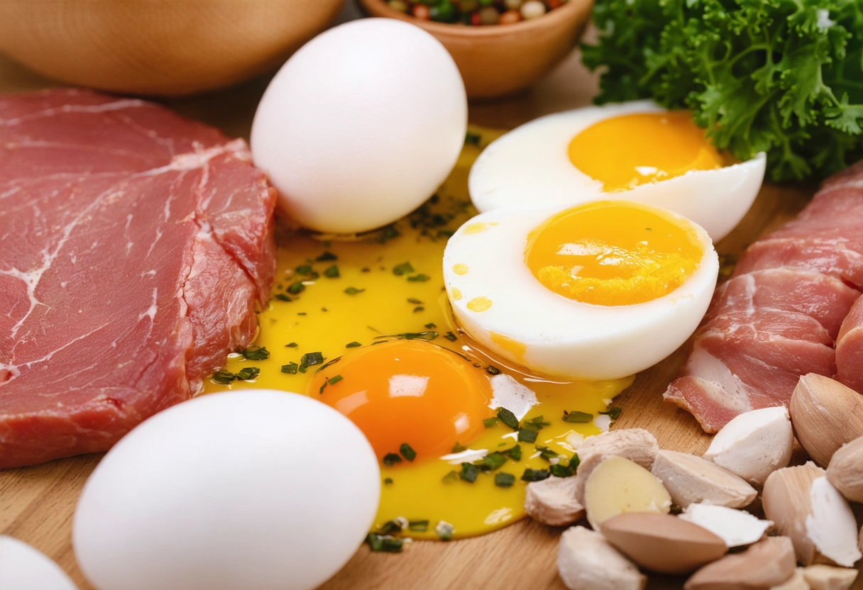 Close-up of eggs and lean meats on a table for muscle repair