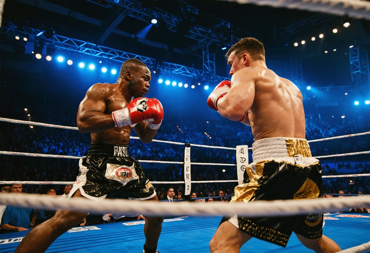Two boxers in the ring, mid-fight, exchanging punches, energetic crowd, bright arena lights, wide shot,