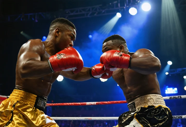 Heavyweight boxers mid-punch in a dramatic, intense boxing match with a crowded arena backdrop.