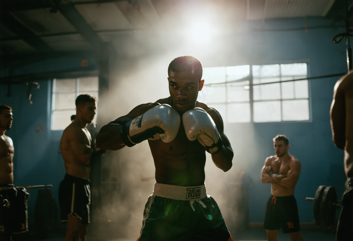 A boxer achieving a new skill in the gym, showing determination and growth. The scene