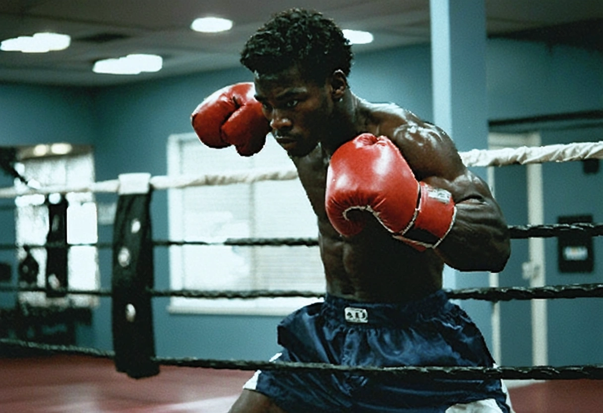 A boxer demonstrating self-defense techniques in a gym, focused and confident. The scene captures effective