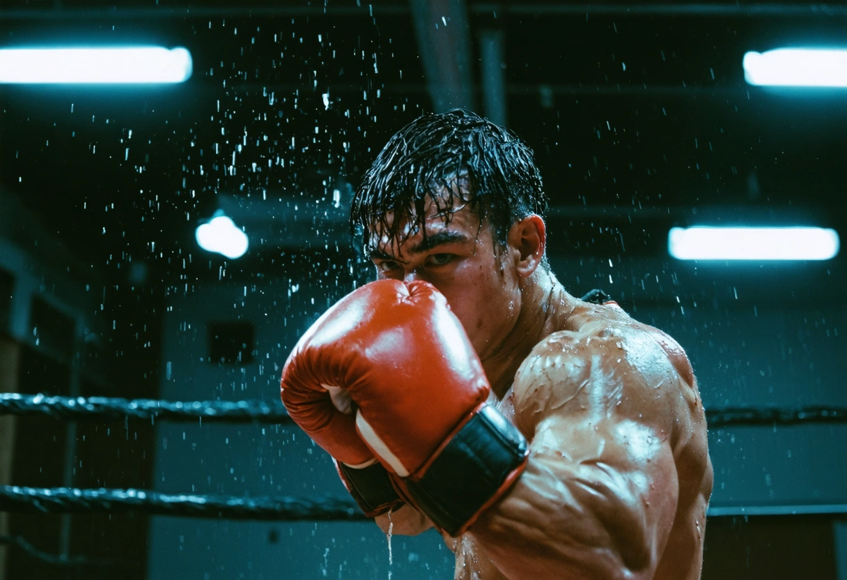 A boxer in mid-action, sweating and focused, illustrating high-calorie burn. The gym's dynamic environment with