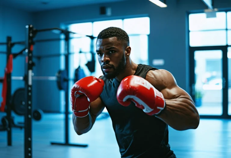 Boxer training intensely at Riddick Big Daddy Bowe Boxing Gym, showcasing full-body workout benefits.