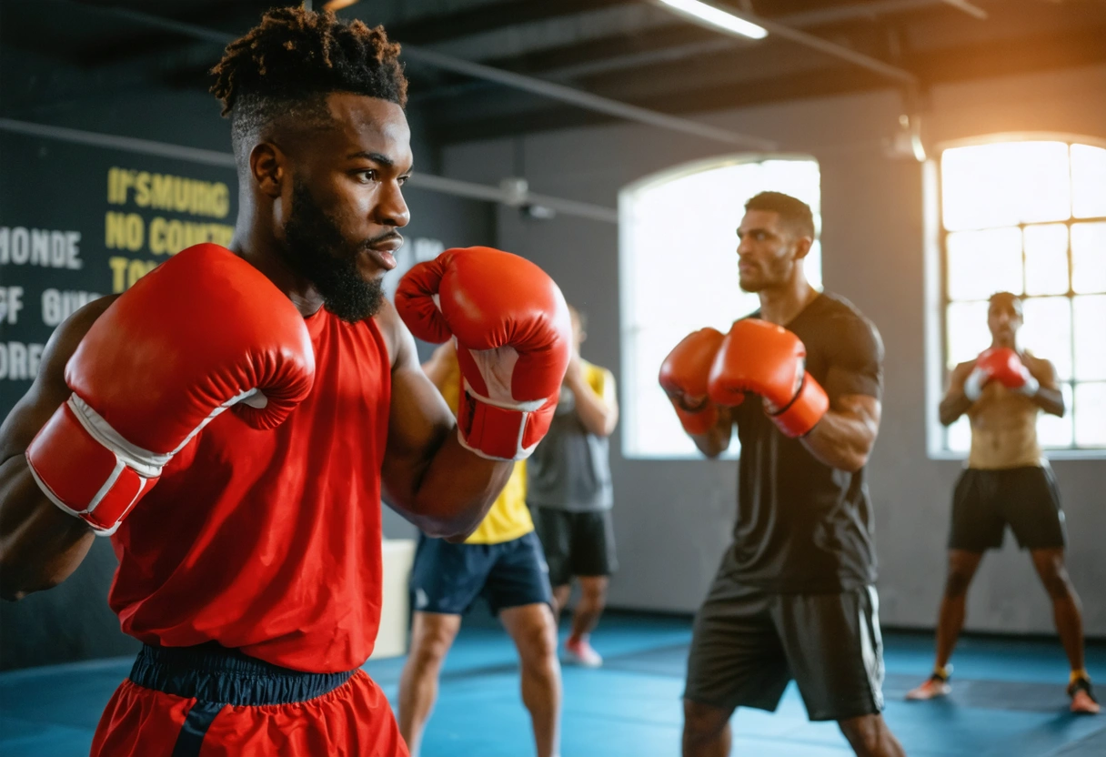 A diverse group of boxers training together, showcasing holistic growth. The gym's vibrant setting with