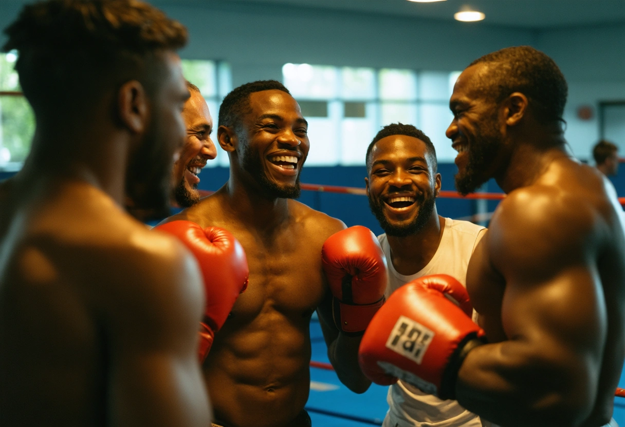 A group of boxers in a gym, laughing and chatting, fostering community spirit. Warm, inviting